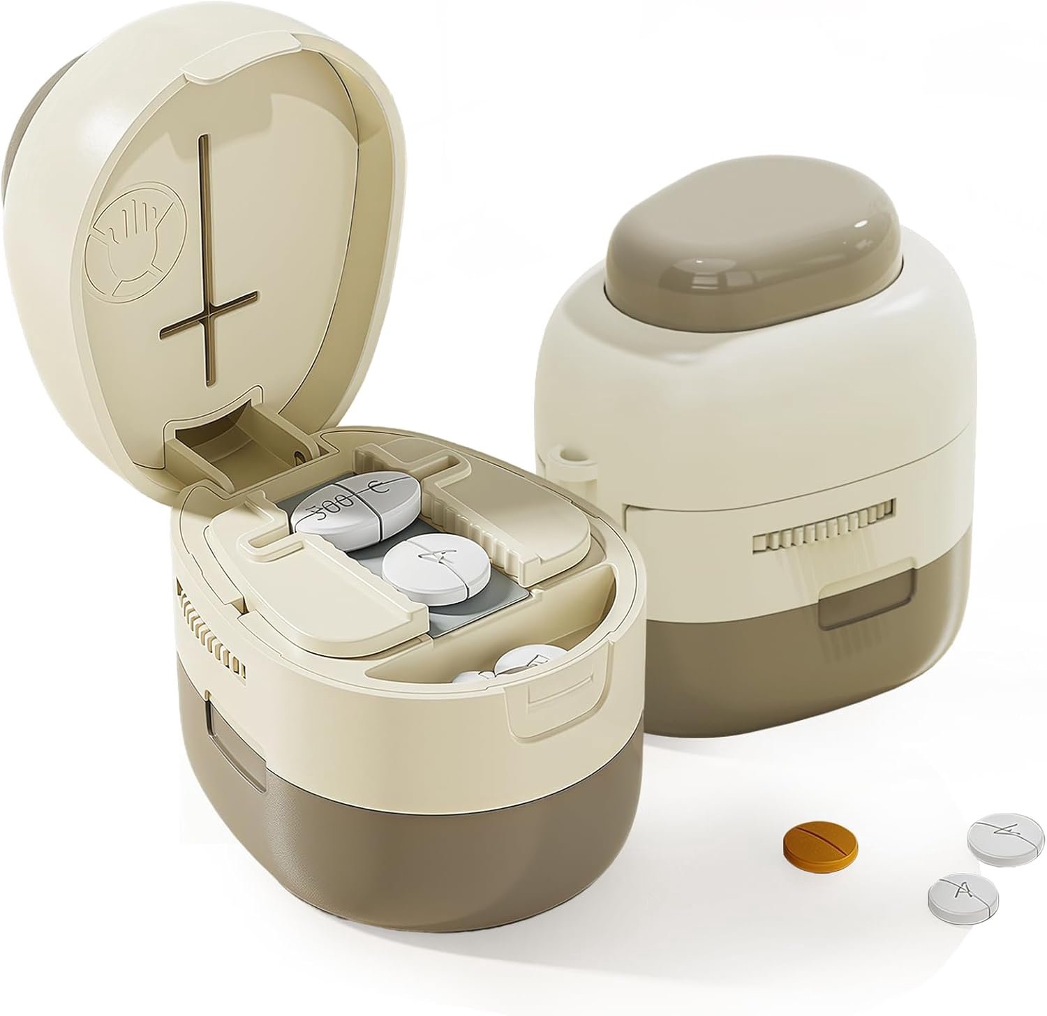 Tablettenverdeler voor alle tabletten, 1/2,1/4, draagbare pillentverdeler met tablettenbox, kleine tabletsplijter met verborgen roestvrijstalen lemmet, voor reizen, kantoor