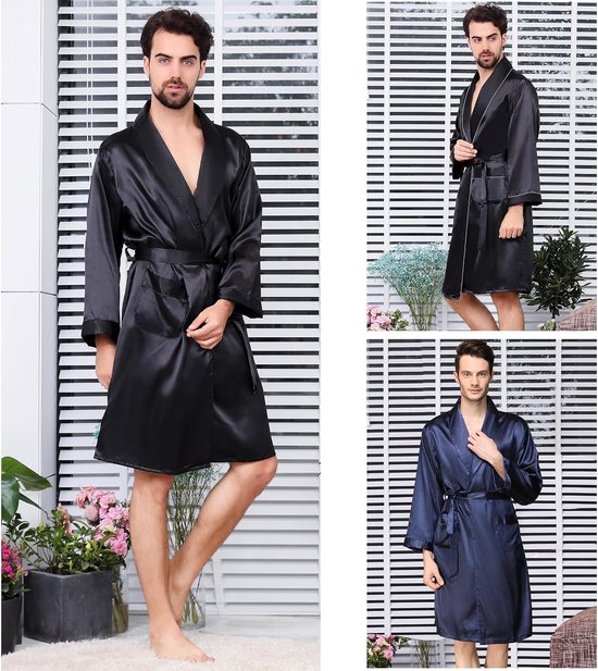 Satijnen kimono badjas lente zomer sjaalkraag nachtkleding klassieke zijden badjas — afbeelding 5