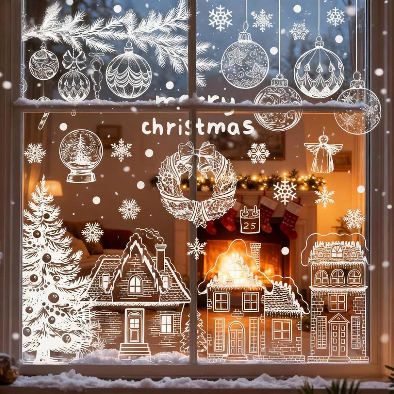 Raamafbeeldingen, 9 vellen, zelfklevend, elektrostatische raamdecoratie met kerstman en sneeuwvlokken, herbruikbaar voor winter- en kerstdecoratie (Kerstmis A)