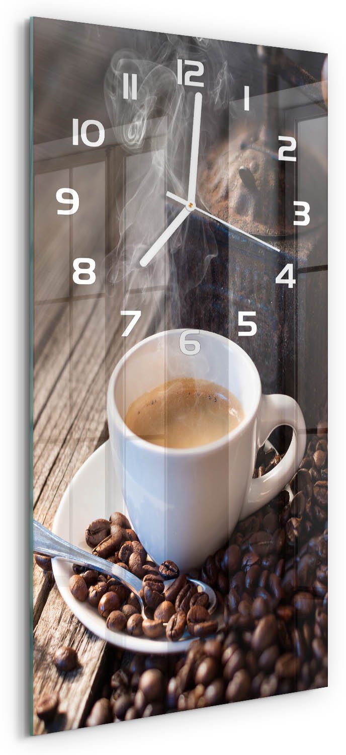 Tulup Wandklok - Kopje koffie Wandklok Glas Decoratie - 30x60 cm - Bruin Gekleurde Glazen Klok - Witte handen - Rechthoekige Klok - Klok Glas Met Opdruk - Moderne Wandklok Glas