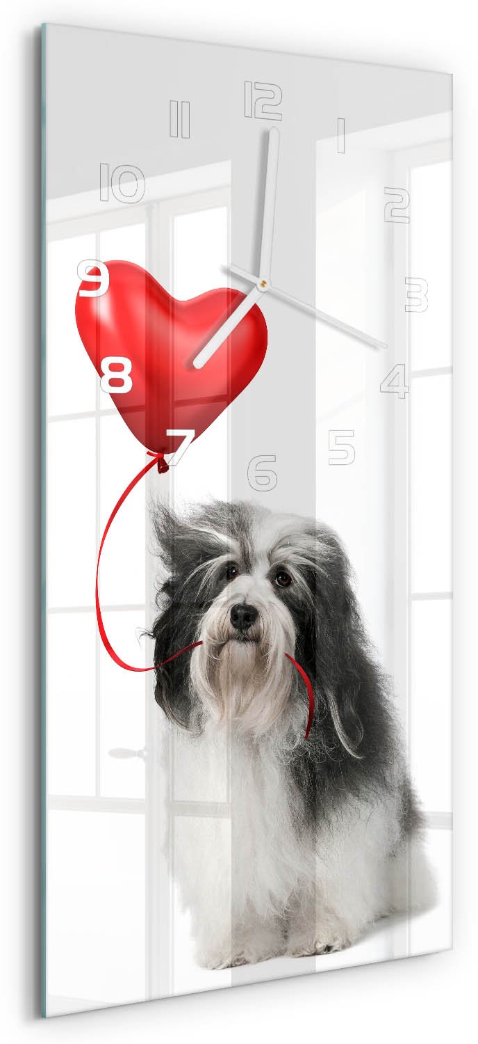 Tulup Wandklok - Havanese met een ballon Wandklok Glas Decoratie - 30x60 cm - Rood Gekleurde Glazen Klok - Witte handen - Rechthoekige Klok - Klok Glas Met Opdruk - Moderne Wandklok Glas