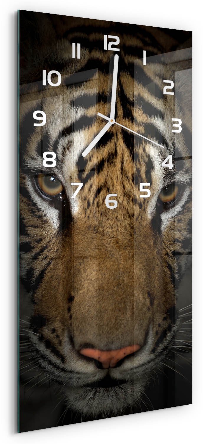 Tulup Wandklok - Tijger Decoratieve Glazen Klok - 30x60 cm - Bruin Glazen Wandklok Design - Witte handen - Rechthoekige Klok - Glazen Klok Met Print - Wandklok Glas Met Motief