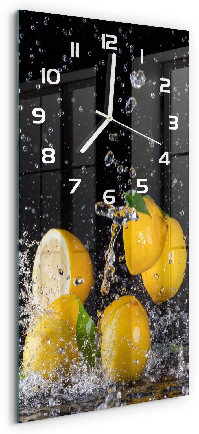 Tulup Wandklok - Citroenzuur Glazen Wandklok Design - 30x60 cm - Geel Klok Glas Met Opdruk - Witte handen - Rechthoekige Klok - Wandklok Glas Met Motief - Decoratieve Glazen Klok