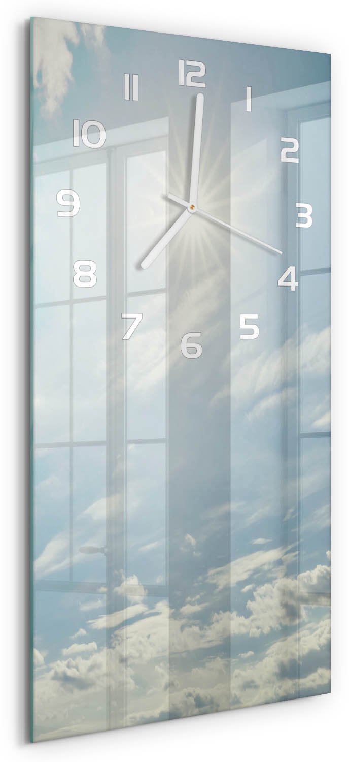 Tulup Wandklok - De zon aan de hemel Wandklok Glas Met Motief - 30x60 cm - Blauw Decoratieve Glazen Klok - Witte handen - Rechthoekige Klok - Gekleurde Glazen Klok - Glazen Klok Met Print