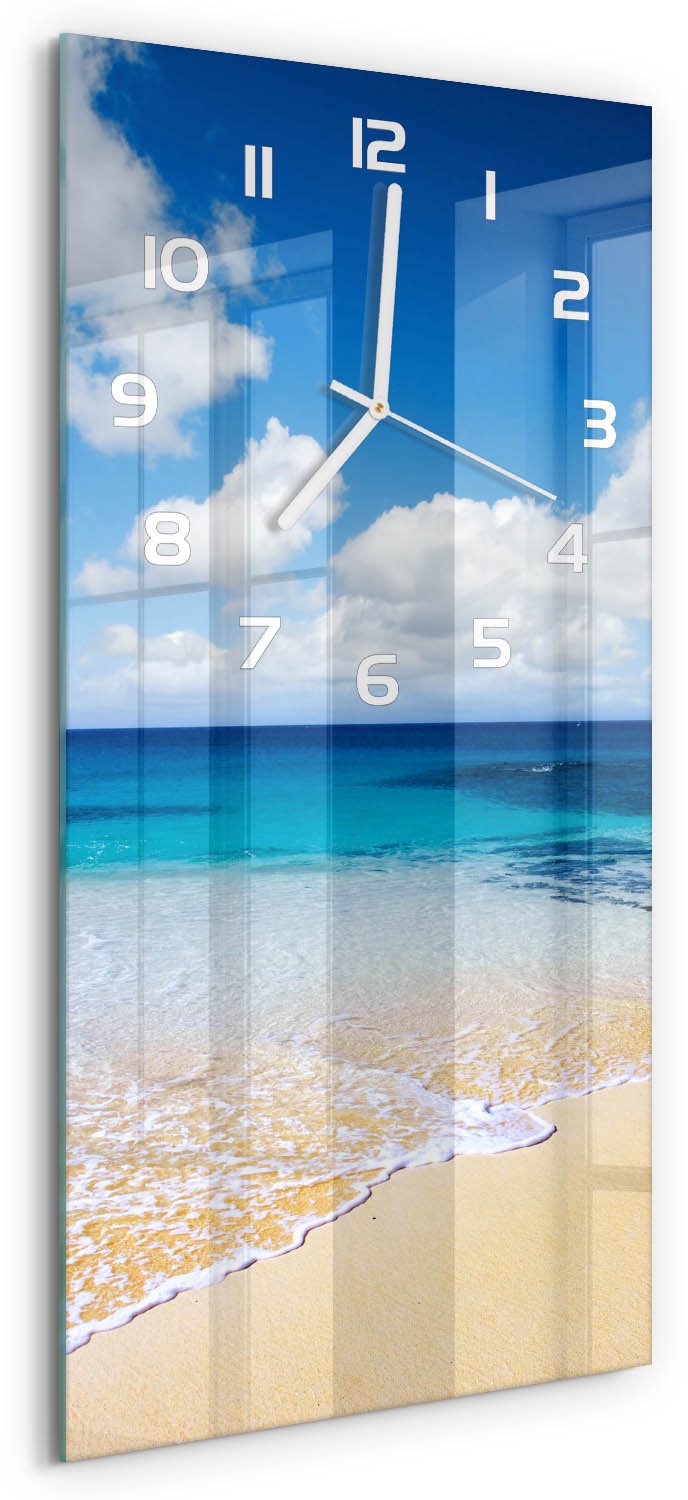 Tulup Wandklok - Kalme zee Moderne Wandklok Glas - 30x60 cm - Blauw Wandklok Glas Decoratie - Witte handen - Rechthoekige Klok - Glazen Wandklok Design - Klok Glas Met Opdruk