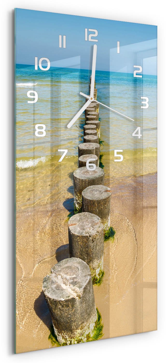 Tulup Wandklok - Golfbreker Glazen Wandklok Design - 30x60 cm - Blauw Klok Glas Met Opdruk - Witte handen - Rechthoekige Klok - Wandklok Glas Met Motief - Decoratieve Glazen Klok