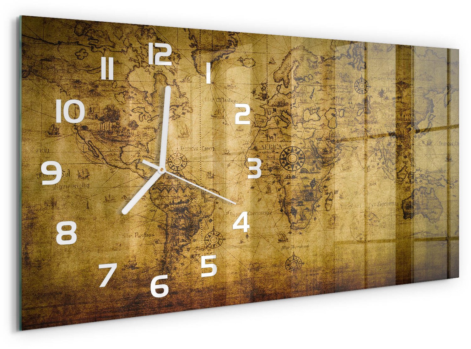 TULUP Wandklok - Oude wereldkaart Gekleurde Glazen Klok - 60x30 cm - Beige Glazen Klok Met Print - Witte handen - Rechthoekige Klok - Moderne Wandklok Glas - Wandklok Glas Decoratie