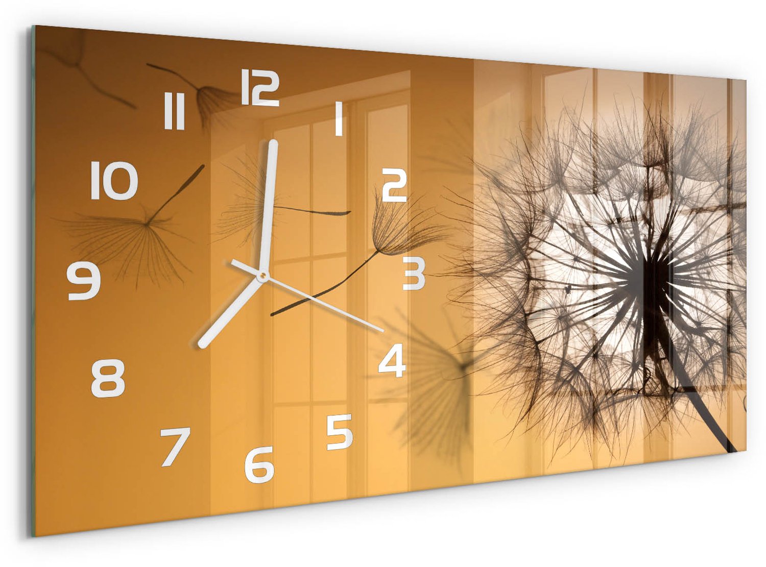 TULUP Wandklok - Paardebloem Decoratieve Glazen Klok - 60x30 cm - Oranje Glazen Wandklok Design - Witte handen - Rechthoekige Klok - Glazen Klok Met Print - Wandklok Glas Met Motief