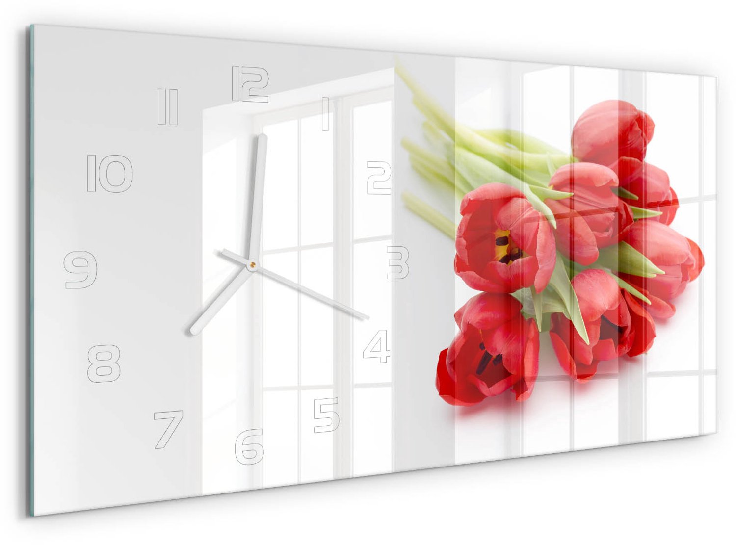 TULUP Wandklok - Rode tulpen Gekleurde Glazen Klok - 60x30 cm - Rood Glazen Klok Met Print - Witte handen - Rechthoekige Klok - Moderne Wandklok Glas - Wandklok Glas Decoratie