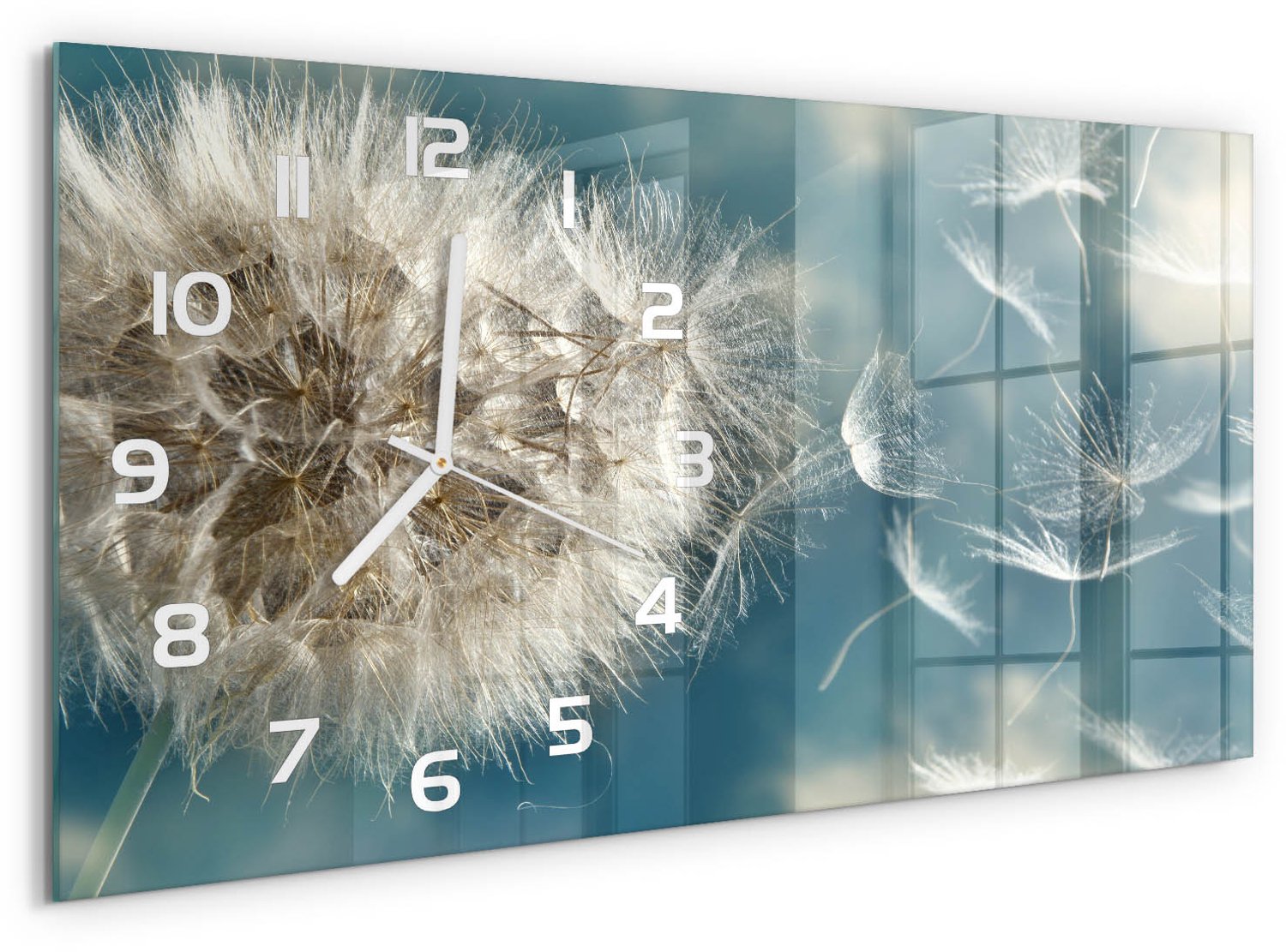 TULUP Wandklok - Paardebloem Glazen Klok Met Print - 60x30 cm - Wit Wandklok Glas Met Motief - Witte handen - Rechthoekige Klok - Wandklok Glas Decoratie - Gekleurde Glazen Klok