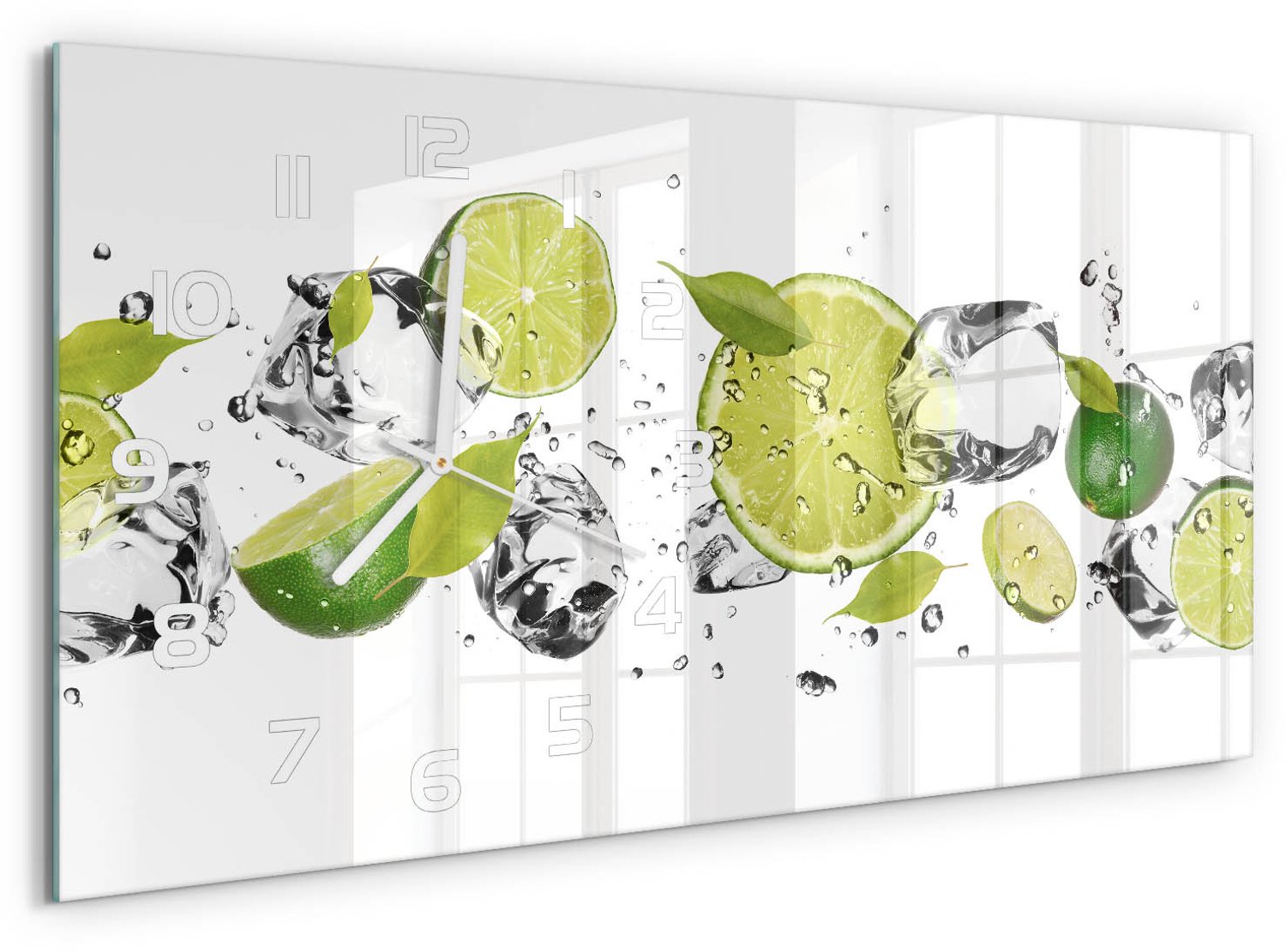 TULUP Wandklok - Kalk en water Klok Glas Met Opdruk - 60x30 cm - Groente Moderne Wandklok Glas - Witte handen - Rechthoekige Klok - Decoratieve Glazen Klok - Glazen Wandklok Design