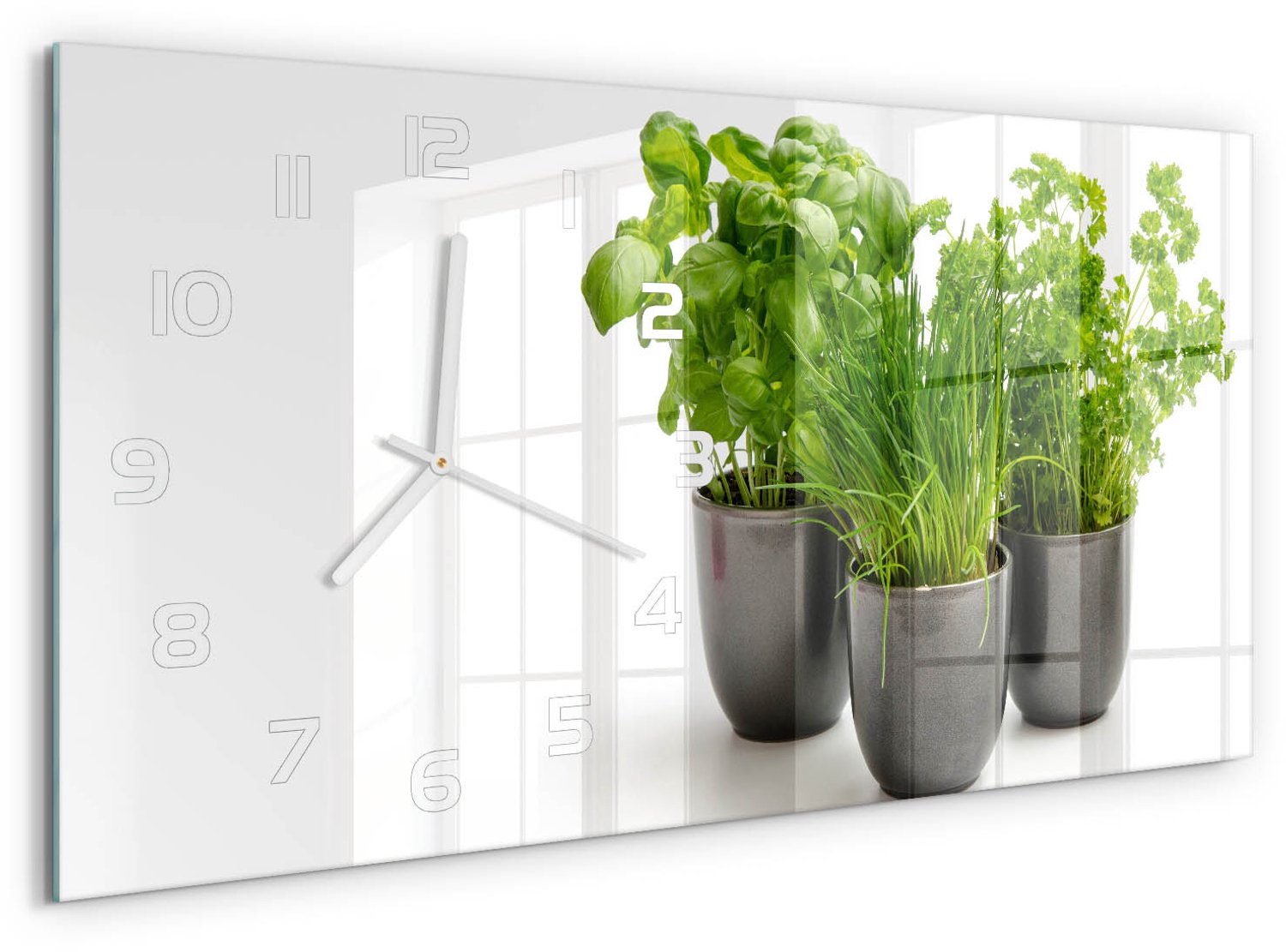 TULUP Wandklok - Kruiden in potten Decoratieve Glazen Klok - 60x30 cm - Groente Glazen Wandklok Design - Witte handen - Rechthoekige Klok - Glazen Klok Met Print - Wandklok Glas Met Motief