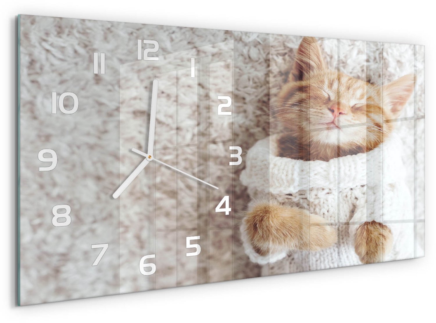 TULUP Wandklok - Katje in een trui Gekleurde Glazen Klok - 60x30 cm - Beige Glazen Klok Met Print - Witte handen - Rechthoekige Klok - Moderne Wandklok Glas - Wandklok Glas Decoratie
