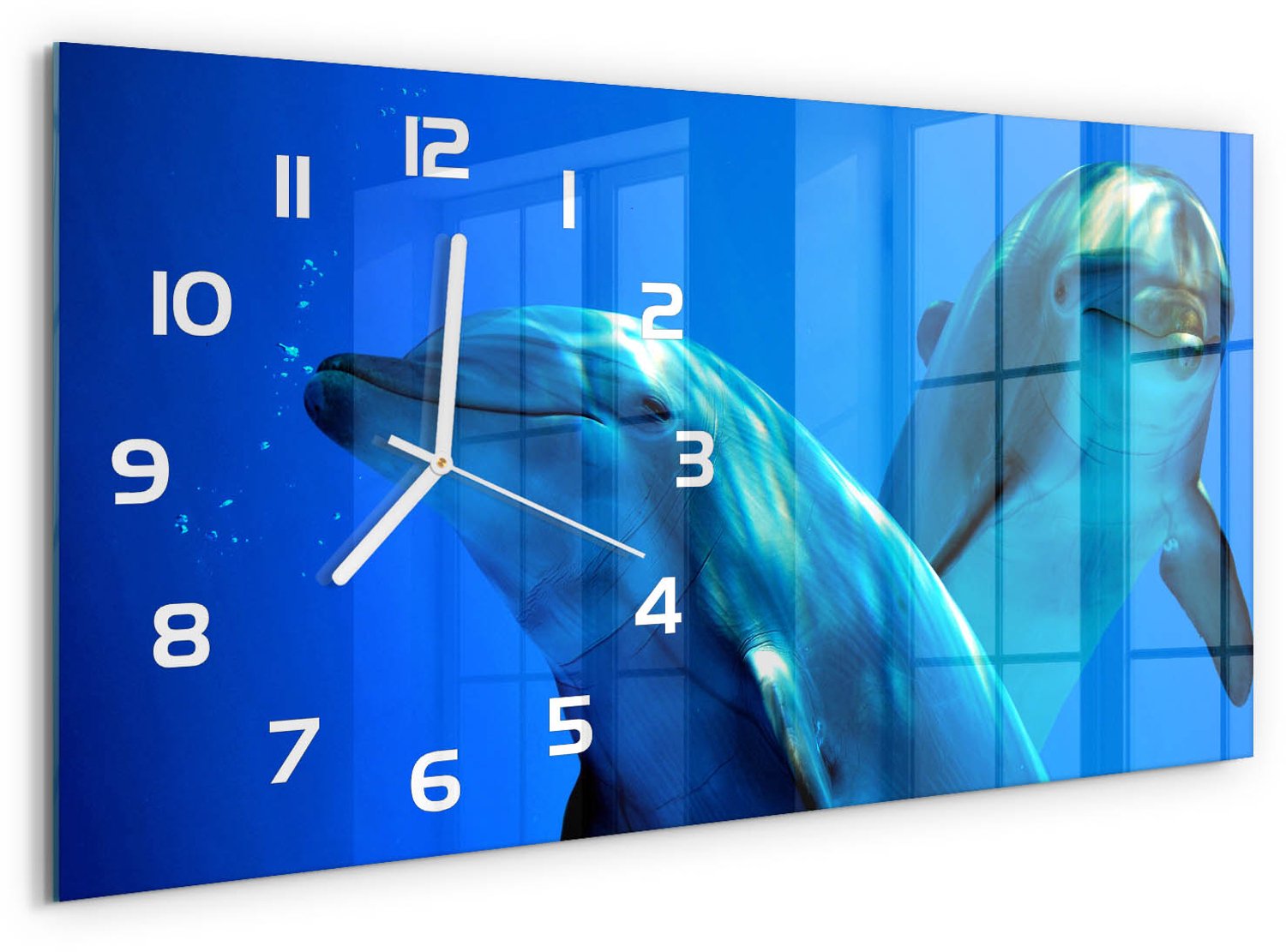 TULUP Wandklok - Twee dolfijnen Decoratieve Glazen Klok - 60x30 cm - Blauw Glazen Wandklok Design - Witte handen - Rechthoekige Klok - Glazen Klok Met Print - Wandklok Glas Met Motief