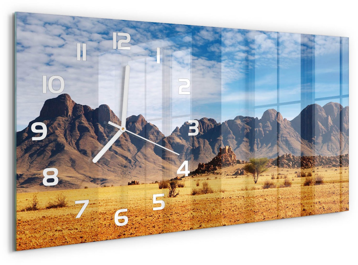 TULUP Wandklok - Rotsen in Namibië Wandklok Glas Decoratie - 60x30 cm - Oranje Gekleurde Glazen Klok - Witte handen - Rechthoekige Klok - Klok Glas Met Opdruk - Moderne Wandklok Glas