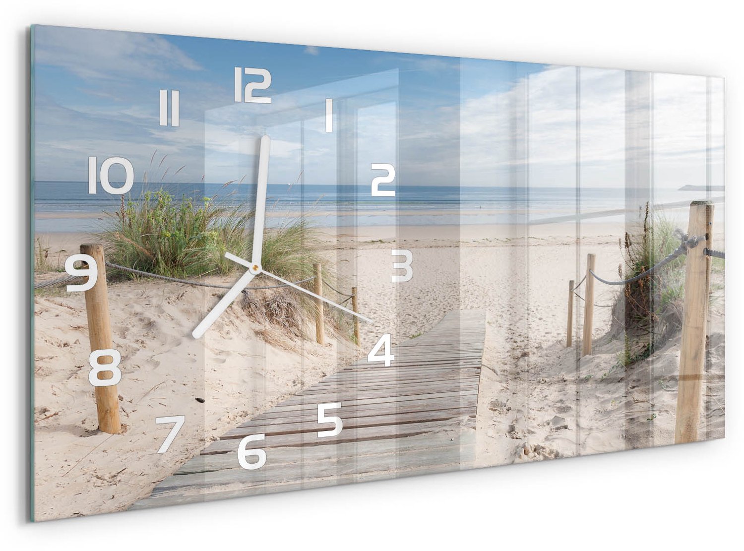 TULUP Wandklok - Strand Wandklok Glas Decoratie - 60x30 cm - Beige Gekleurde Glazen Klok - Witte handen - Rechthoekige Klok - Klok Glas Met Opdruk - Moderne Wandklok Glas