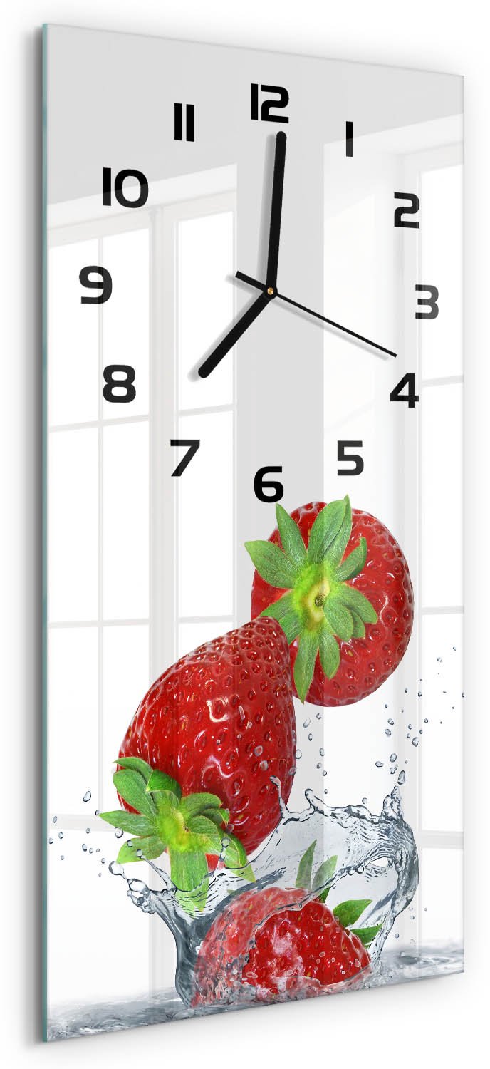 Tulup Wandklok - Aardbeien Wandklok Glas Met Motief - 30x60 cm - Rood Decoratieve Glazen Klok - Zwarte handen - Rechthoekige Klok - Gekleurde Glazen Klok - Glazen Klok Met Print