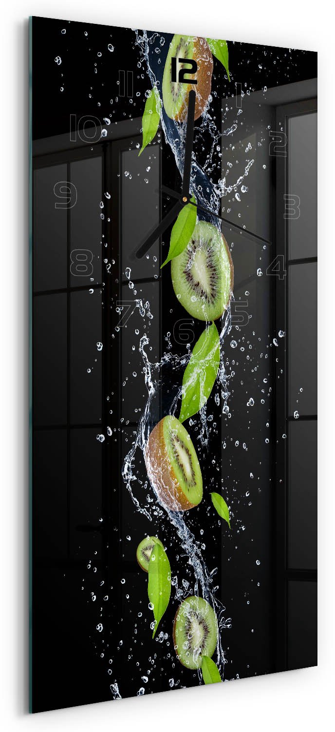 Tulup Wandklok - Kiwi en water Klok Glas Met Opdruk - 30x60 cm - Groente Moderne Wandklok Glas - Zwarte handen - Rechthoekige Klok - Decoratieve Glazen Klok - Glazen Wandklok Design