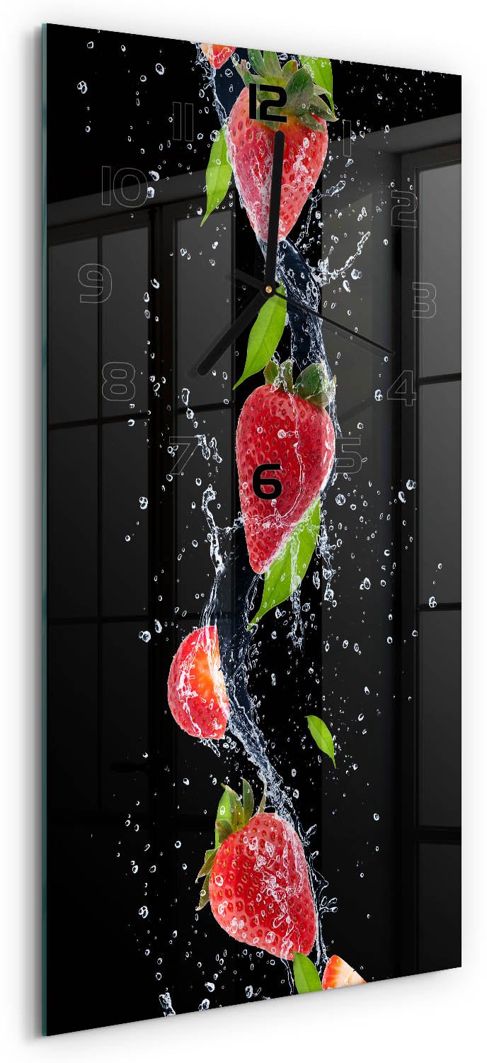 Tulup Wandklok - Aardbeien en water Wandklok Glas Met Motief - 30x60 cm - Rood Decoratieve Glazen Klok - Zwarte handen - Rechthoekige Klok - Gekleurde Glazen Klok - Glazen Klok Met Print