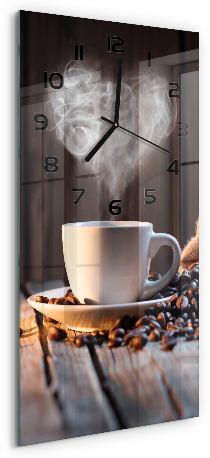 Tulup Wandklok - Kopje koffie Glazen Klok Met Print - 30x60 cm - Bruin Wandklok Glas Met Motief - Zwarte handen - Rechthoekige Klok - Wandklok Glas Decoratie - Gekleurde Glazen Klok