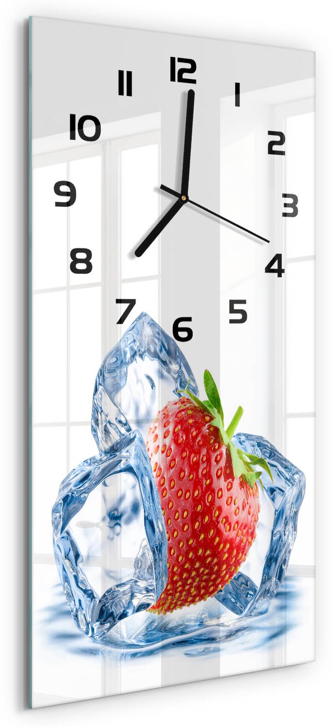 Tulup Wandklok - Aardbei met ijs Wandklok Glas Met Motief - 30x60 cm - Rood Decoratieve Glazen Klok - Zwarte handen - Rechthoekige Klok - Gekleurde Glazen Klok - Glazen Klok Met Print