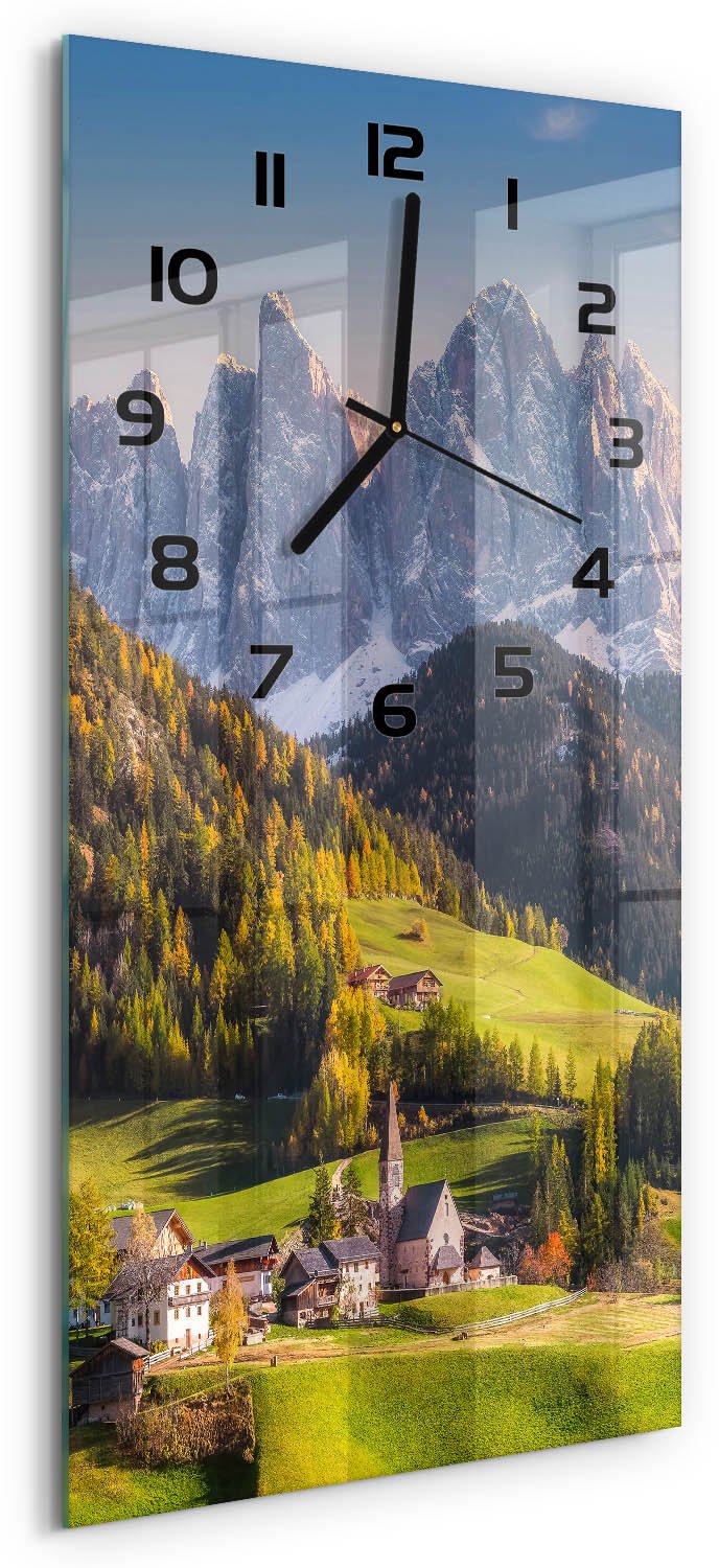 Tulup Wandklok - Stad in de bergen Wandklok Glas Met Motief - 30x60 cm - Groente Decoratieve Glazen Klok - Zwarte handen - Rechthoekige Klok - Gekleurde Glazen Klok - Glazen Klok Met Print