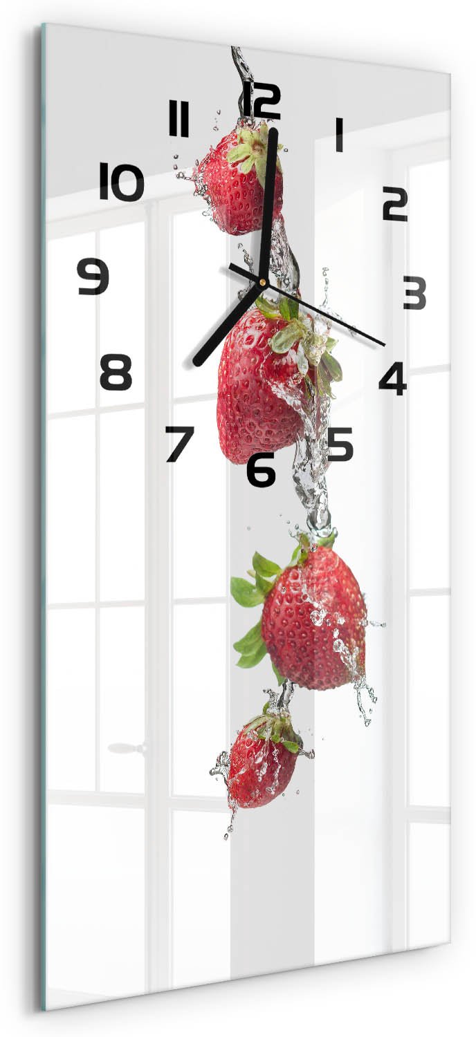 Tulup Wandklok - Aardbeien en water Gekleurde Glazen Klok - 30x60 cm - Rood Glazen Klok Met Print - Zwarte handen - Rechthoekige Klok - Moderne Wandklok Glas - Wandklok Glas Decoratie