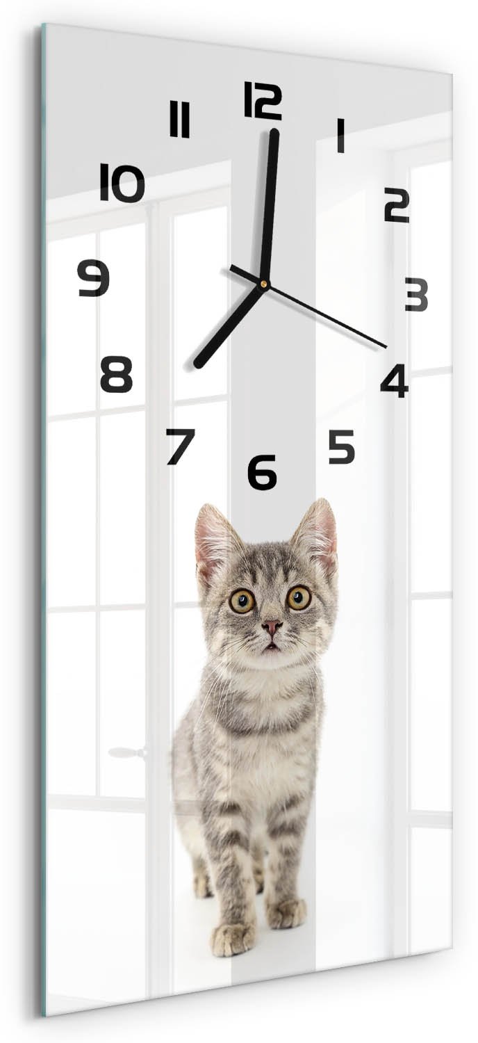 Tulup Wandklok - Grijze kat Wandklok Glas Met Motief - 30x60 cm - Grijs Decoratieve Glazen Klok - Zwarte handen - Rechthoekige Klok - Gekleurde Glazen Klok - Glazen Klok Met Print