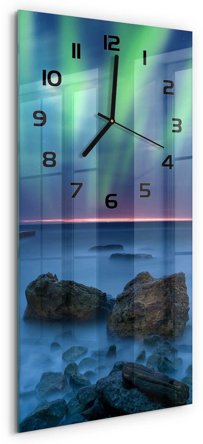 Tulup Wandklok - Noorderlicht Glazen Klok Met Print - 30x60 cm - Groente Wandklok Glas Met Motief - Zwarte handen - Rechthoekige Klok - Wandklok Glas Decoratie - Gekleurde Glazen Klok