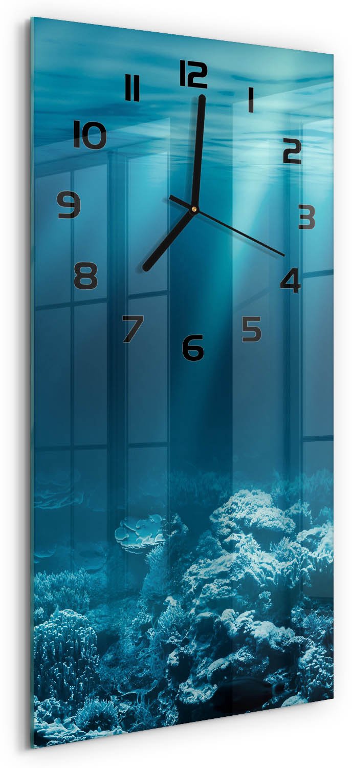 Tulup Wandklok - Onderwaterwereld Glazen Wandklok Design - 30x60 cm - Blauw Klok Glas Met Opdruk - Zwarte handen - Rechthoekige Klok - Wandklok Glas Met Motief - Decoratieve Glazen Klok