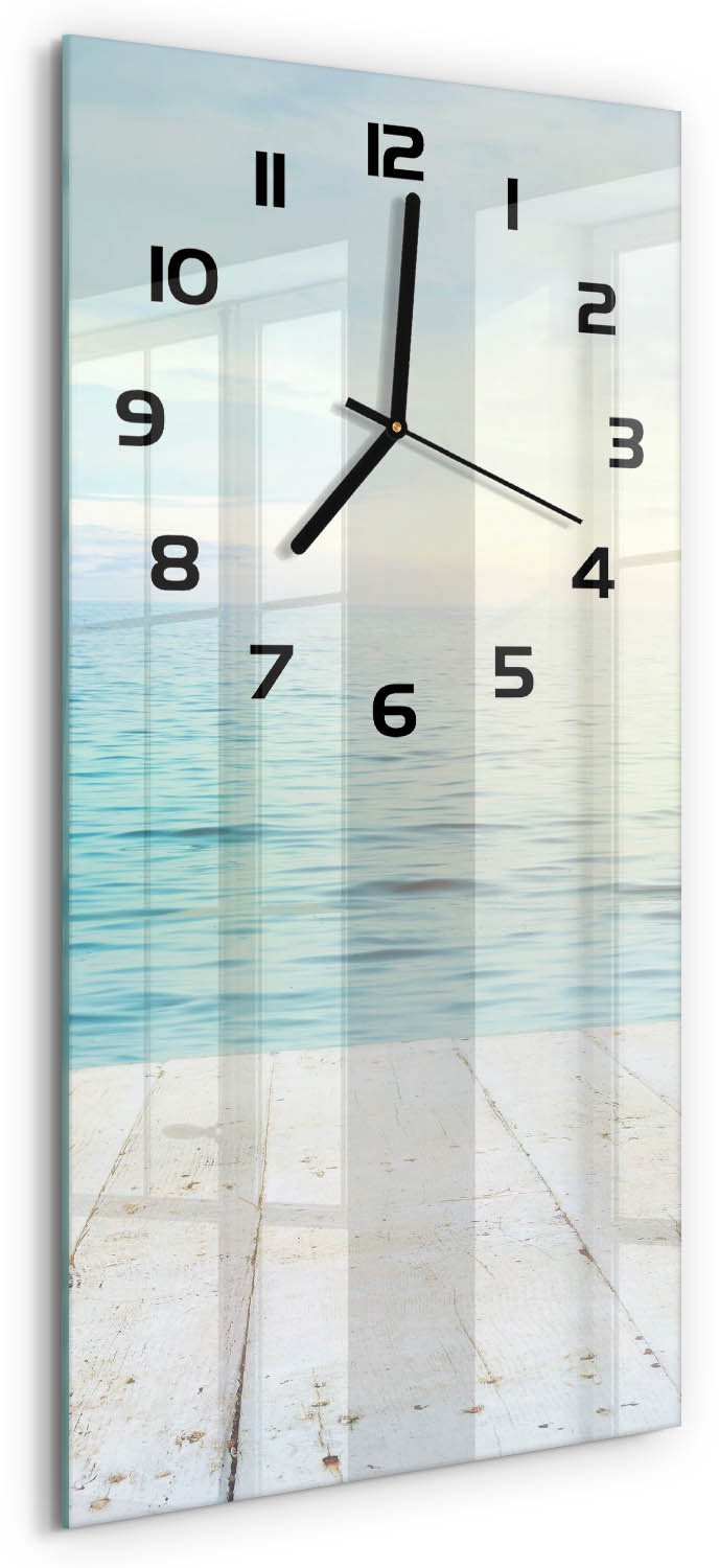 Tulup Wandklok - Zee Wandklok Glas Met Motief - 30x60 cm - Blauw Decoratieve Glazen Klok - Zwarte handen - Rechthoekige Klok - Gekleurde Glazen Klok - Glazen Klok Met Print