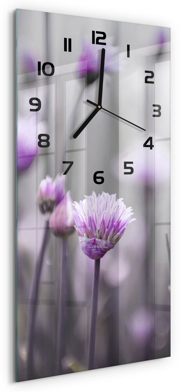 Tulup Wandklok - Bieslookbloemen Klok Glas Met Opdruk - 30x60 cm - Paars Moderne Wandklok Glas - Zwarte handen - Rechthoekige Klok - Decoratieve Glazen Klok - Glazen Wandklok Design