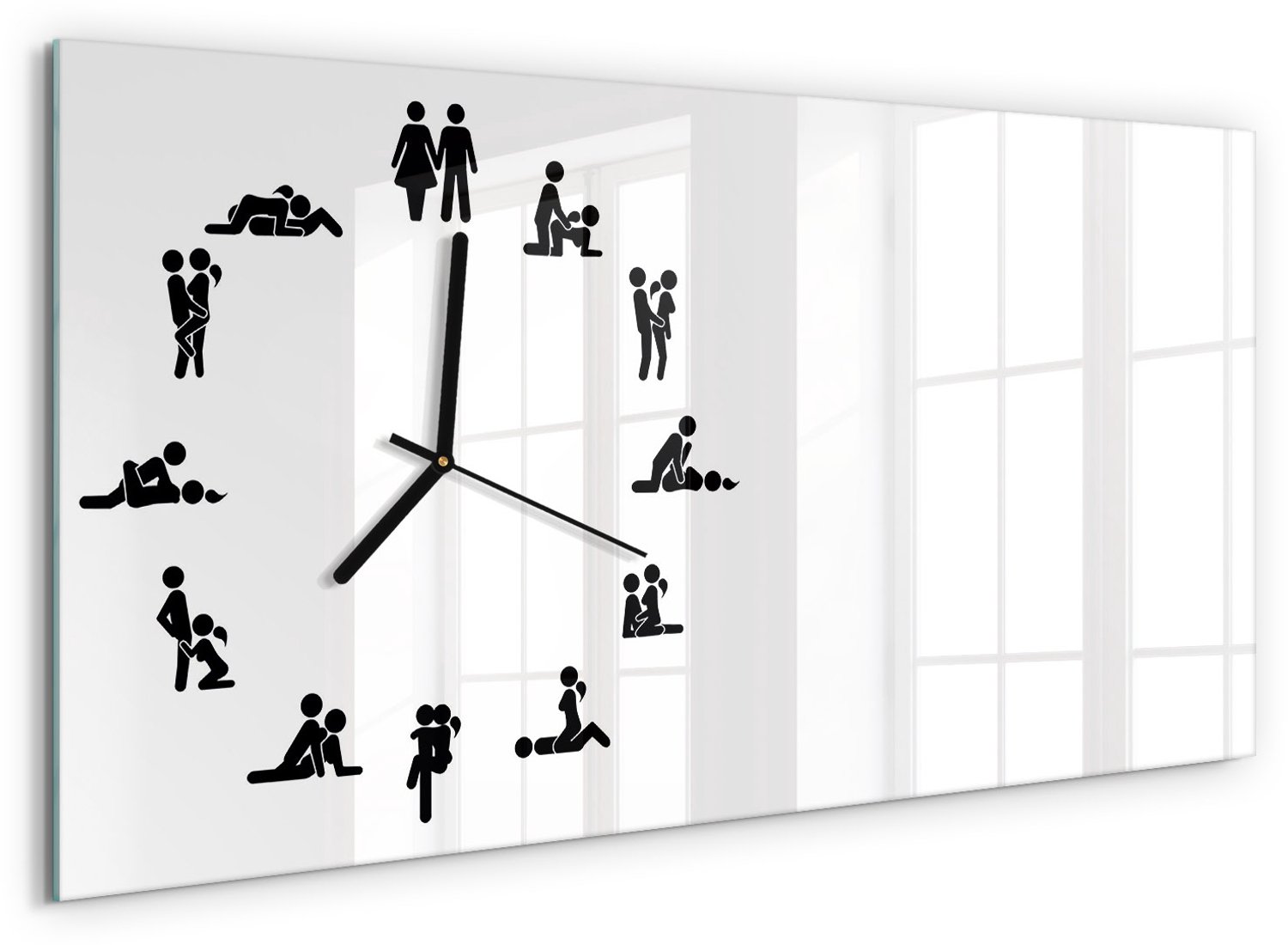 TULUP Wandklok - Kama Sutra Moderne Wandklok Glas - 60x30 cm - Wit Wandklok Glas Decoratie - Zwarte handen - Rechthoekige Klok - Glazen Wandklok Design - Klok Glas Met Opdruk