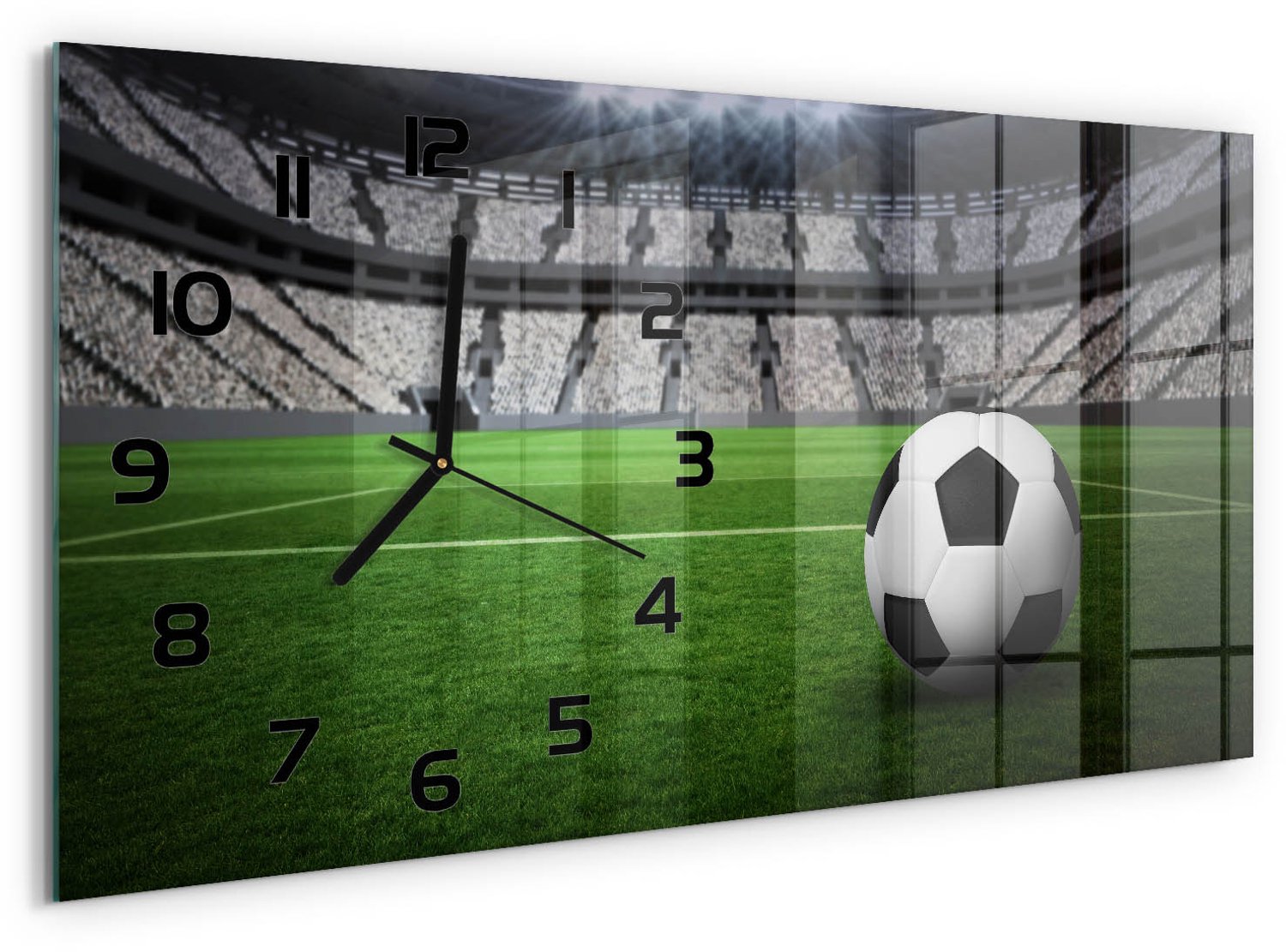 TULUP Wandklok - Voetbal in het stadion Glazen Klok Met Print - 60x30 cm - Groente Wandklok Glas Met Motief - Zwarte handen - Rechthoekige Klok - Wandklok Glas Decoratie - Gekleurde Glazen Klok