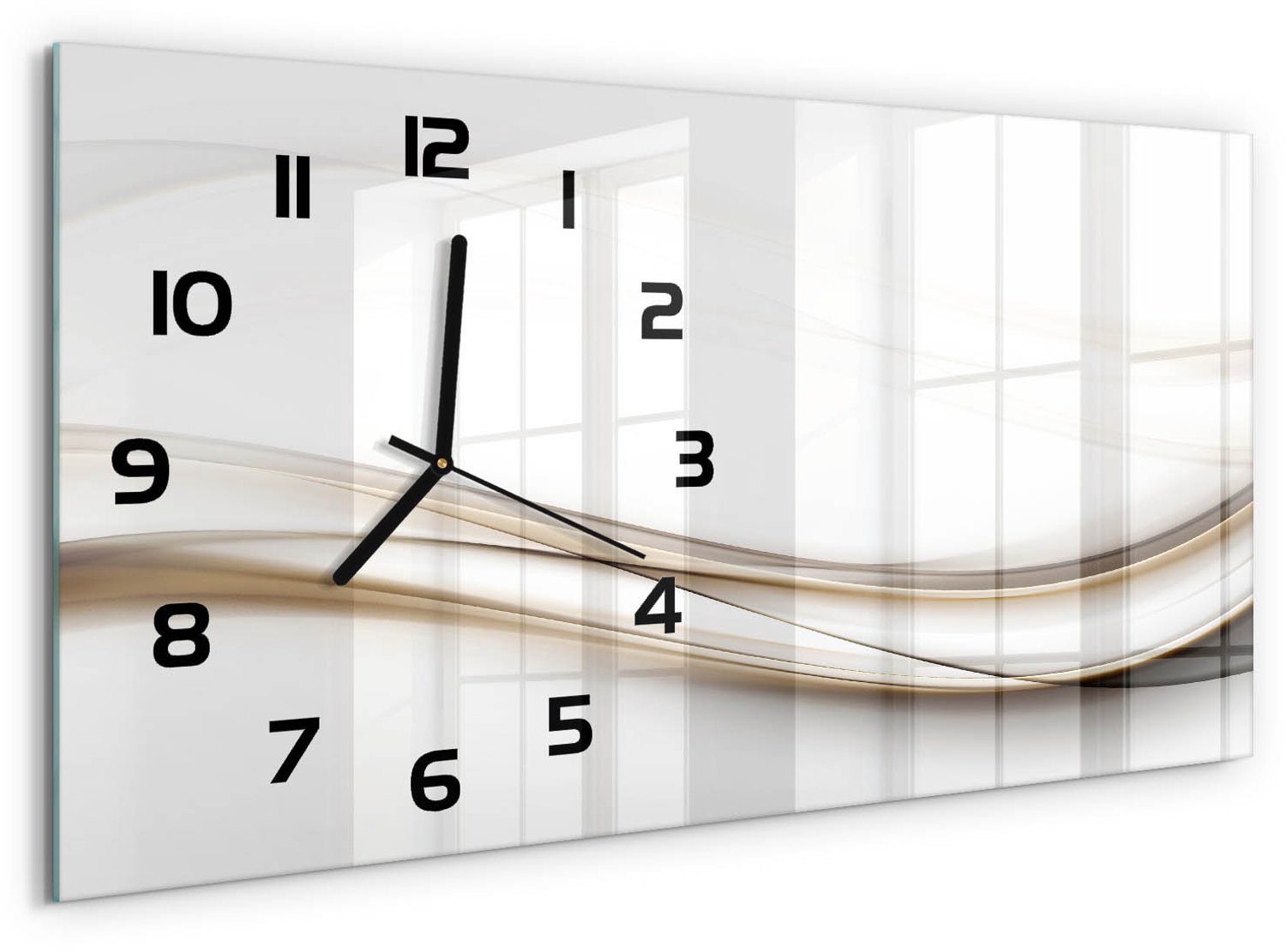 TULUP Wandklok - Golfabstractie Wandklok Glas Decoratie - 60x30 cm - Beige Gekleurde Glazen Klok - Zwarte handen - Rechthoekige Klok - Klok Glas Met Opdruk - Moderne Wandklok Glas