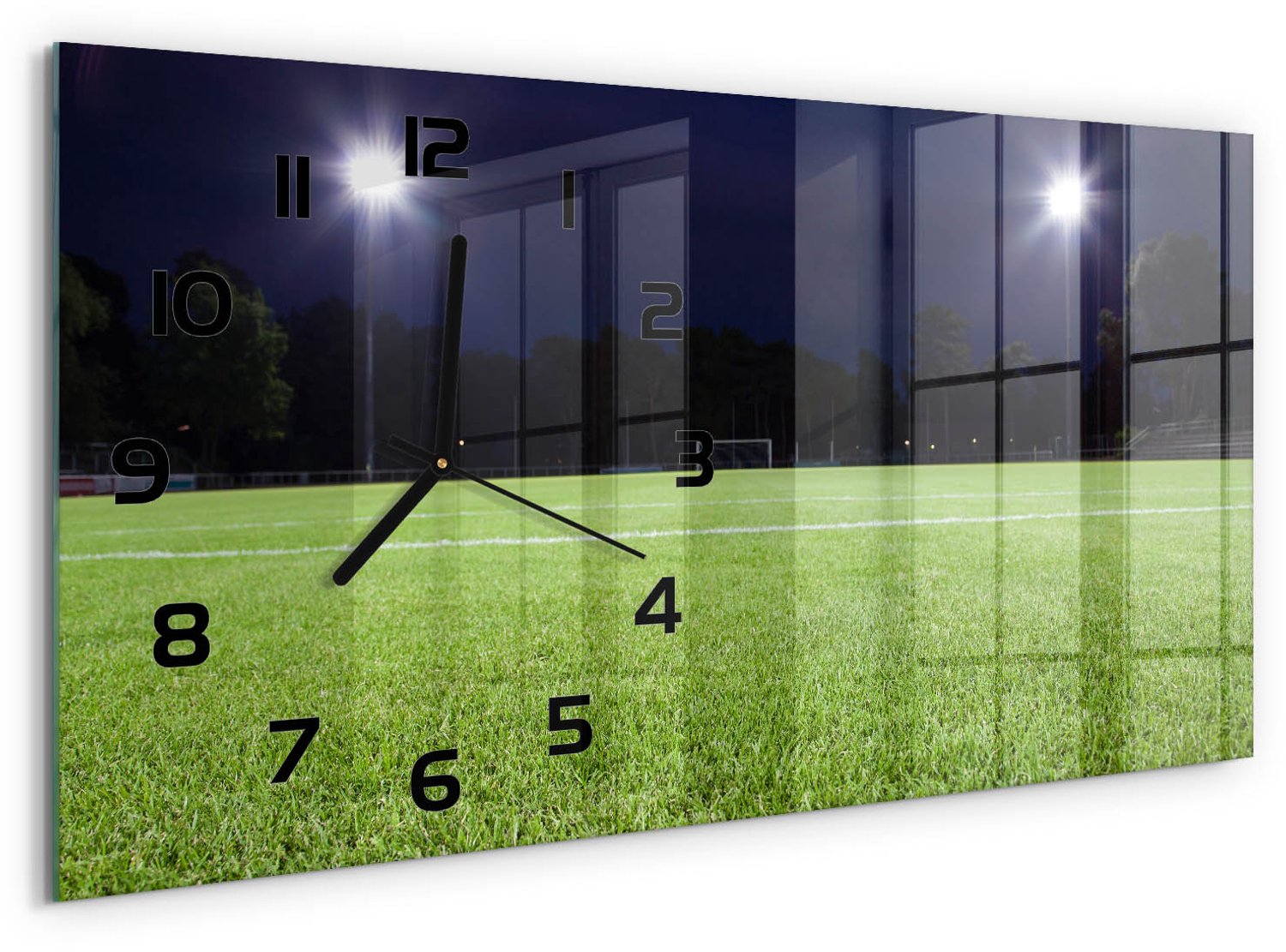 TULUP Wandklok - Voetbalveld Gekleurde Glazen Klok - 60x30 cm - Groente Glazen Klok Met Print - Zwarte handen - Rechthoekige Klok - Moderne Wandklok Glas - Wandklok Glas Decoratie