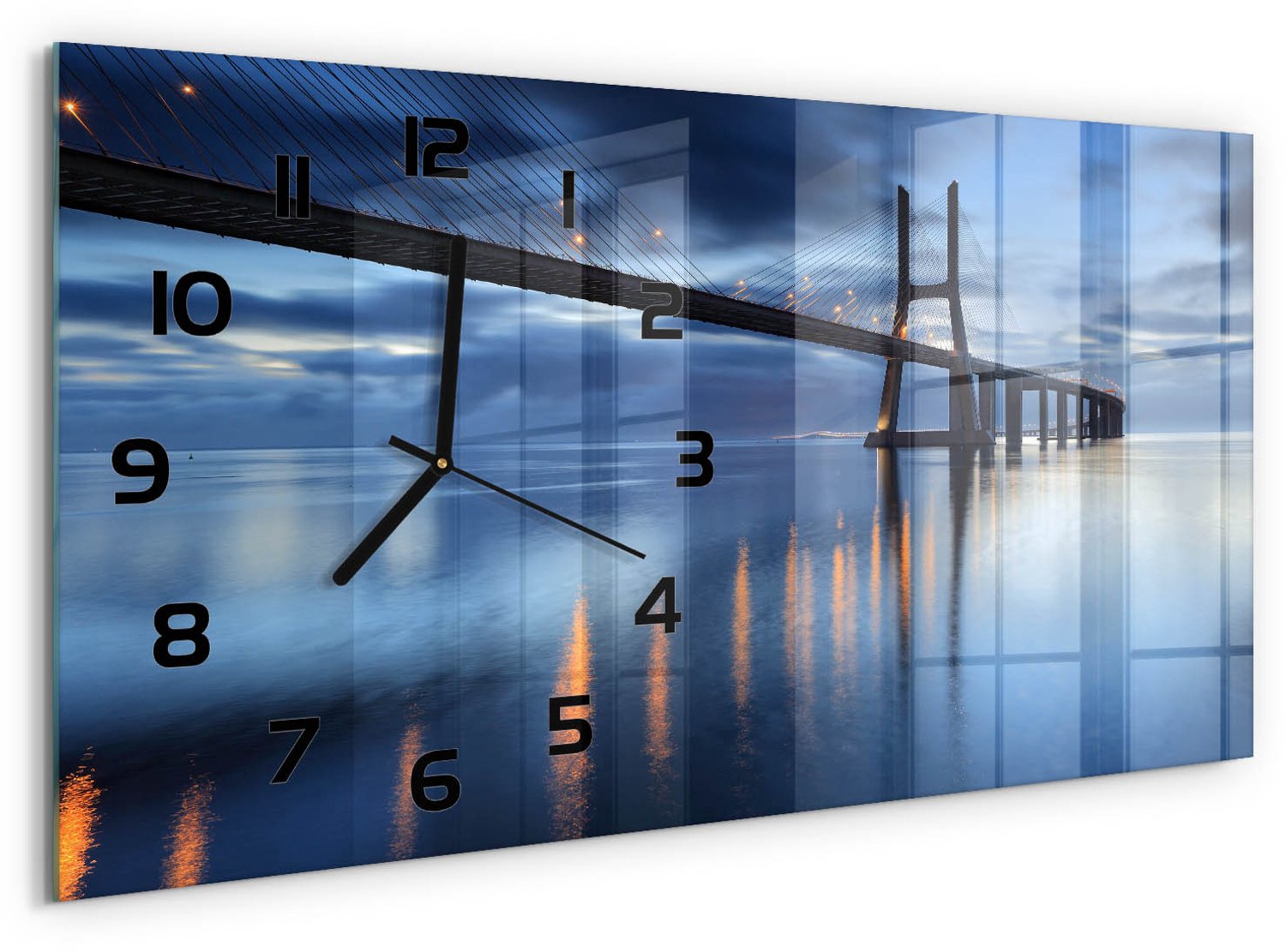 TULUP Wandklok - Verlichte Brug Klok Glas Met Opdruk - 60x30 cm - Blauw Moderne Wandklok Glas - Zwarte handen - Rechthoekige Klok - Decoratieve Glazen Klok - Glazen Wandklok Design