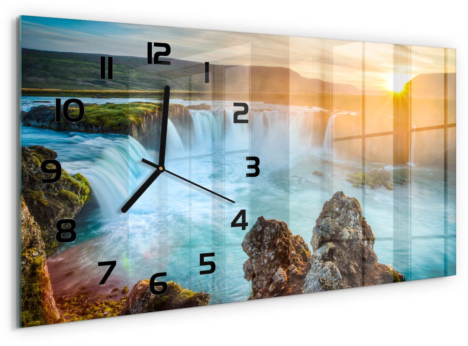 TULUP Wandklok - Waterval Glazen Wandklok Design - 60x30 cm - Geel Klok Glas Met Opdruk - Zwarte handen - Rechthoekige Klok - Wandklok Glas Met Motief - Decoratieve Glazen Klok
