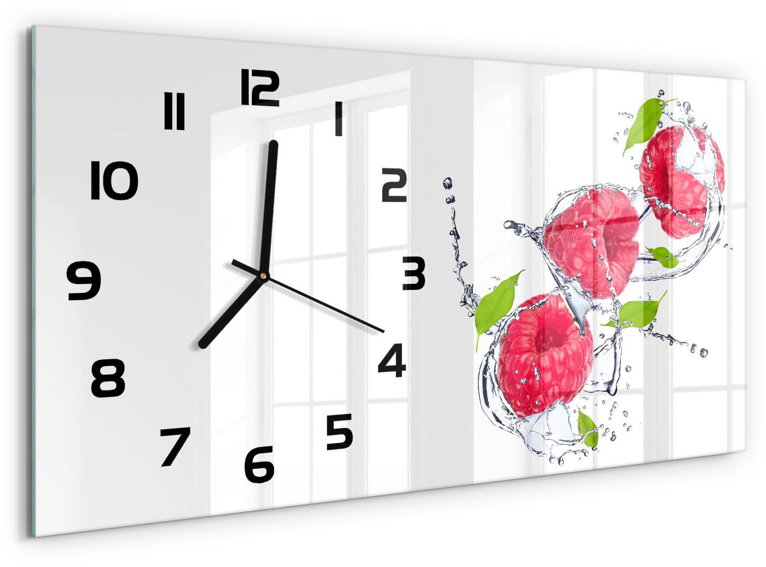 TULUP Wandklok - Framboos en water Glazen Wandklok Design - 60x30 cm - Roze Klok Glas Met Opdruk - Zwarte handen - Rechthoekige Klok - Wandklok Glas Met Motief - Decoratieve Glazen Klok