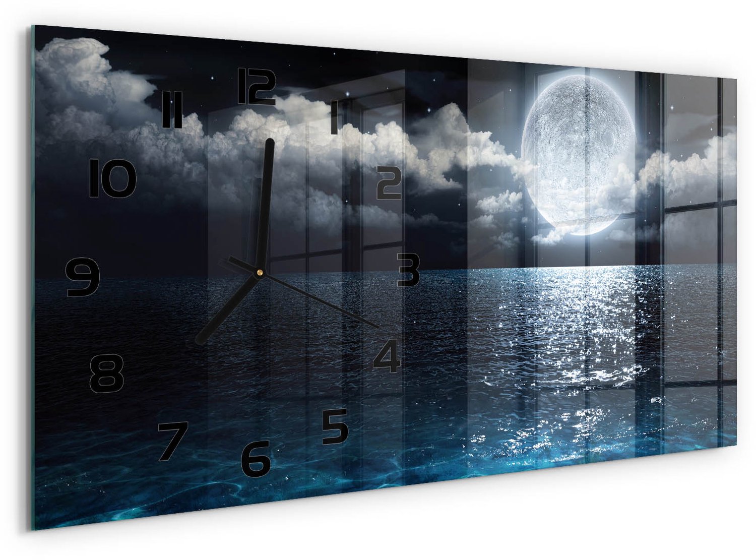 TULUP Wandklok - Volle maan Glazen Klok Met Print - 60x30 cm - Blauw Wandklok Glas Met Motief - Zwarte handen - Rechthoekige Klok - Wandklok Glas Decoratie - Gekleurde Glazen Klok