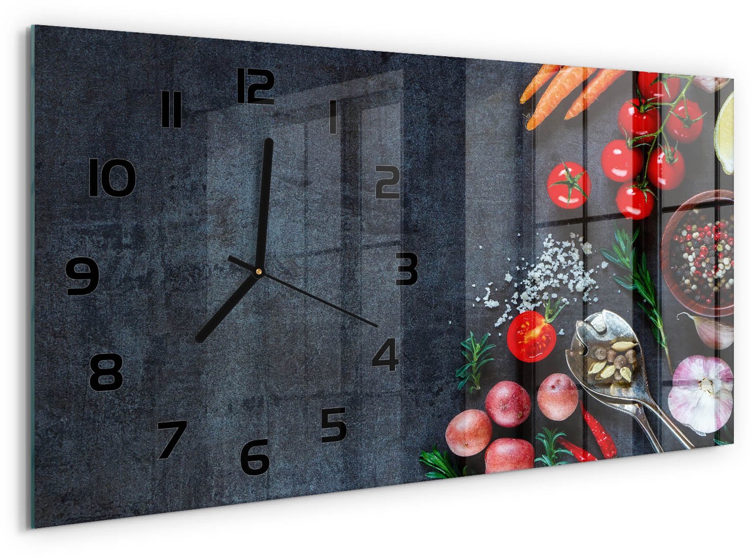 TULUP Wandklok - Ingrediënten Gekleurde Glazen Klok - 60x30 cm - Veelkleurig Glazen Klok Met Print - Zwarte handen - Rechthoekige Klok - Moderne Wandklok Glas - Wandklok Glas Decoratie