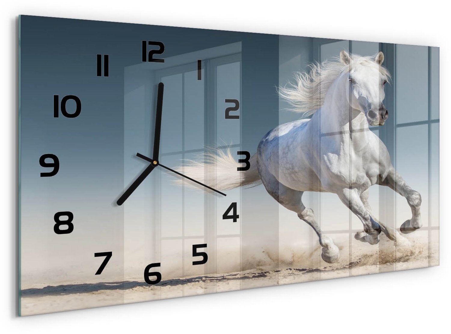 TULUP Wandklok - Galopperend grijs paard Decoratieve Glazen Klok - 60x30 cm - Wit Glazen Wandklok Design - Zwarte handen - Rechthoekige Klok - Glazen Klok Met Print - Wandklok Glas Met Motief