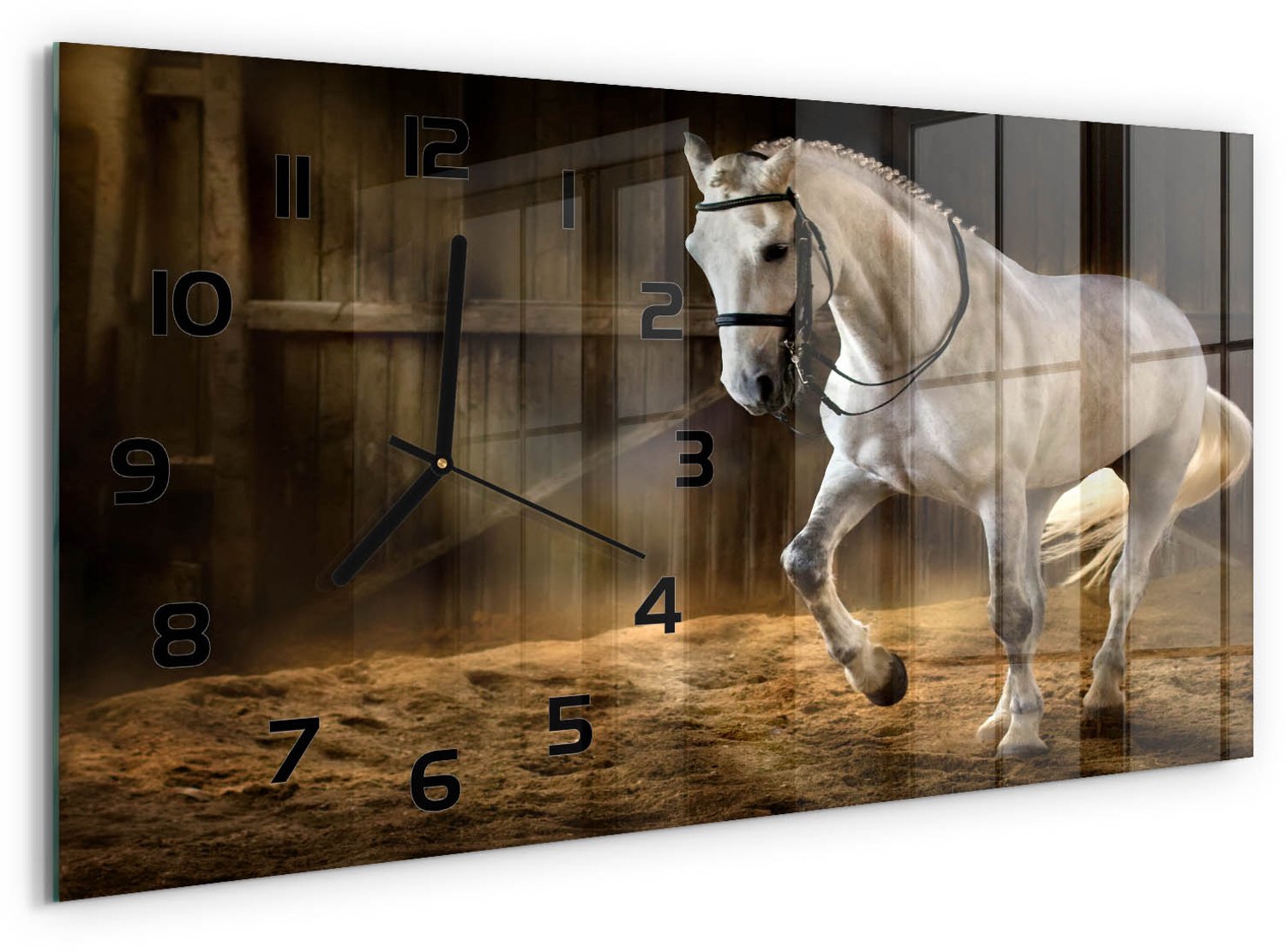 TULUP Wandklok - Het witte paard in de stal Wandklok Glas Met Motief - 60x30 cm - Wit Decoratieve Glazen Klok - Zwarte handen - Rechthoekige Klok - Gekleurde Glazen Klok - Glazen Klok Met Print