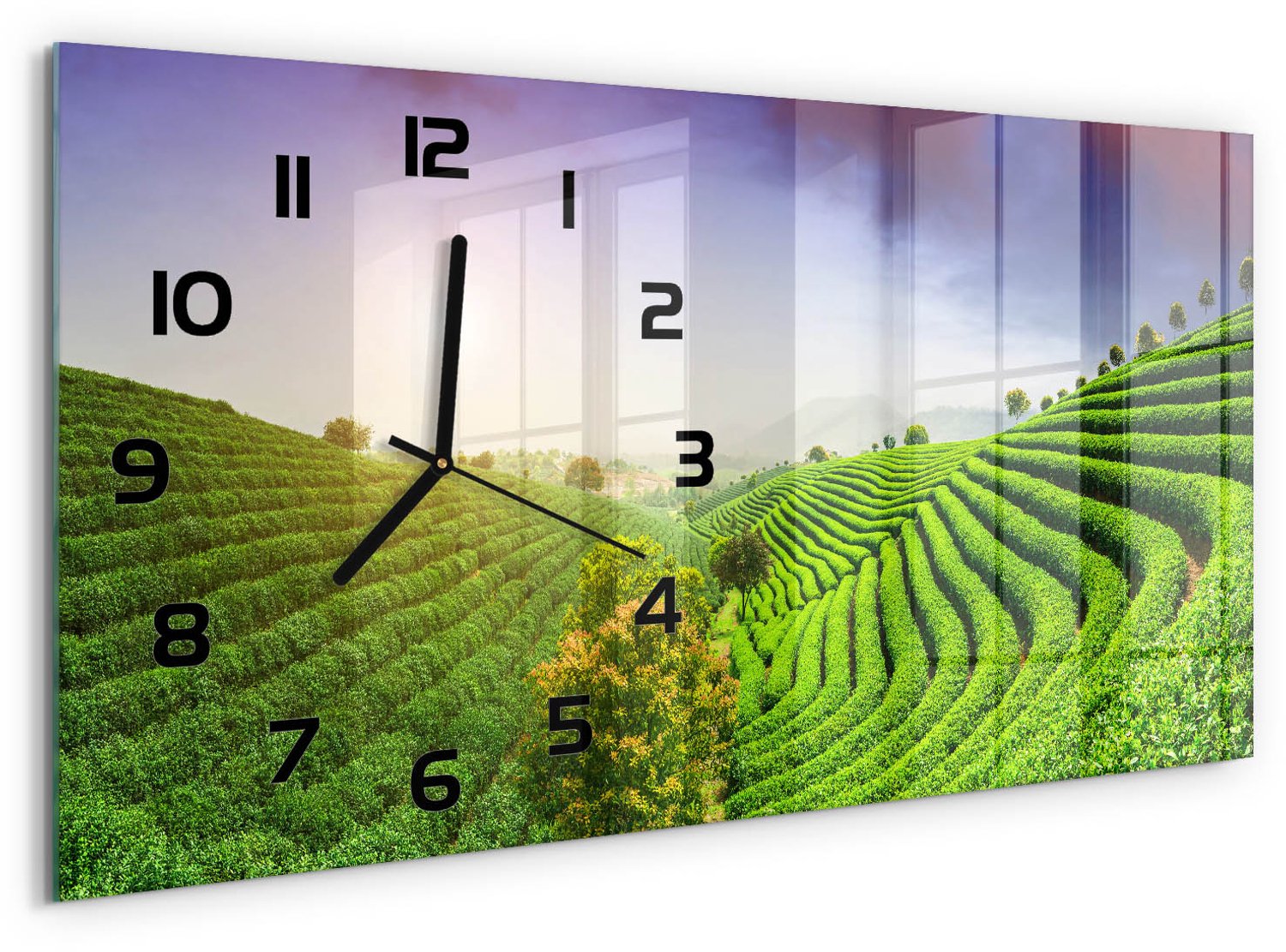 TULUP Wandklok - Theeplantage Wandklok Glas Decoratie - 60x30 cm - Groente Gekleurde Glazen Klok - Zwarte handen - Rechthoekige Klok - Klok Glas Met Opdruk - Moderne Wandklok Glas