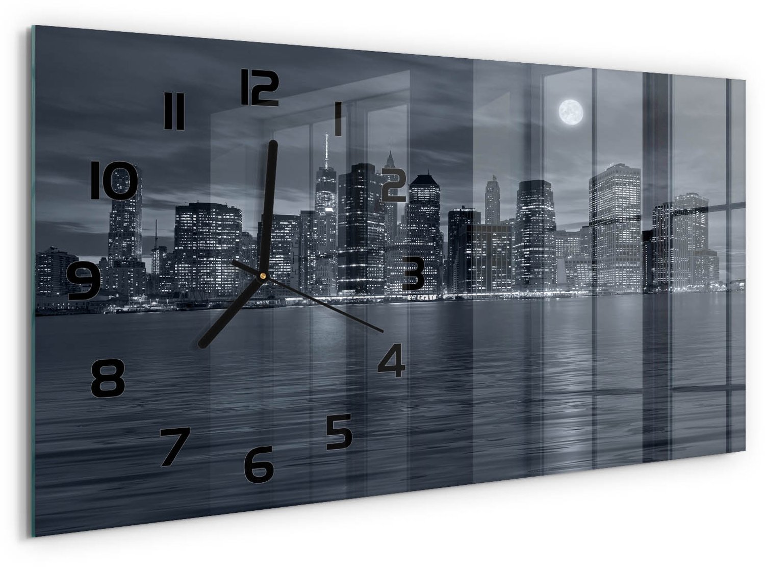 TULUP Wandklok - New York 's nachts Moderne Wandklok Glas - 60x30 cm - Zwart-wit Wandklok Glas Decoratie - Zwarte handen - Rechthoekige Klok - Glazen Wandklok Design - Klok Glas Met Opdruk