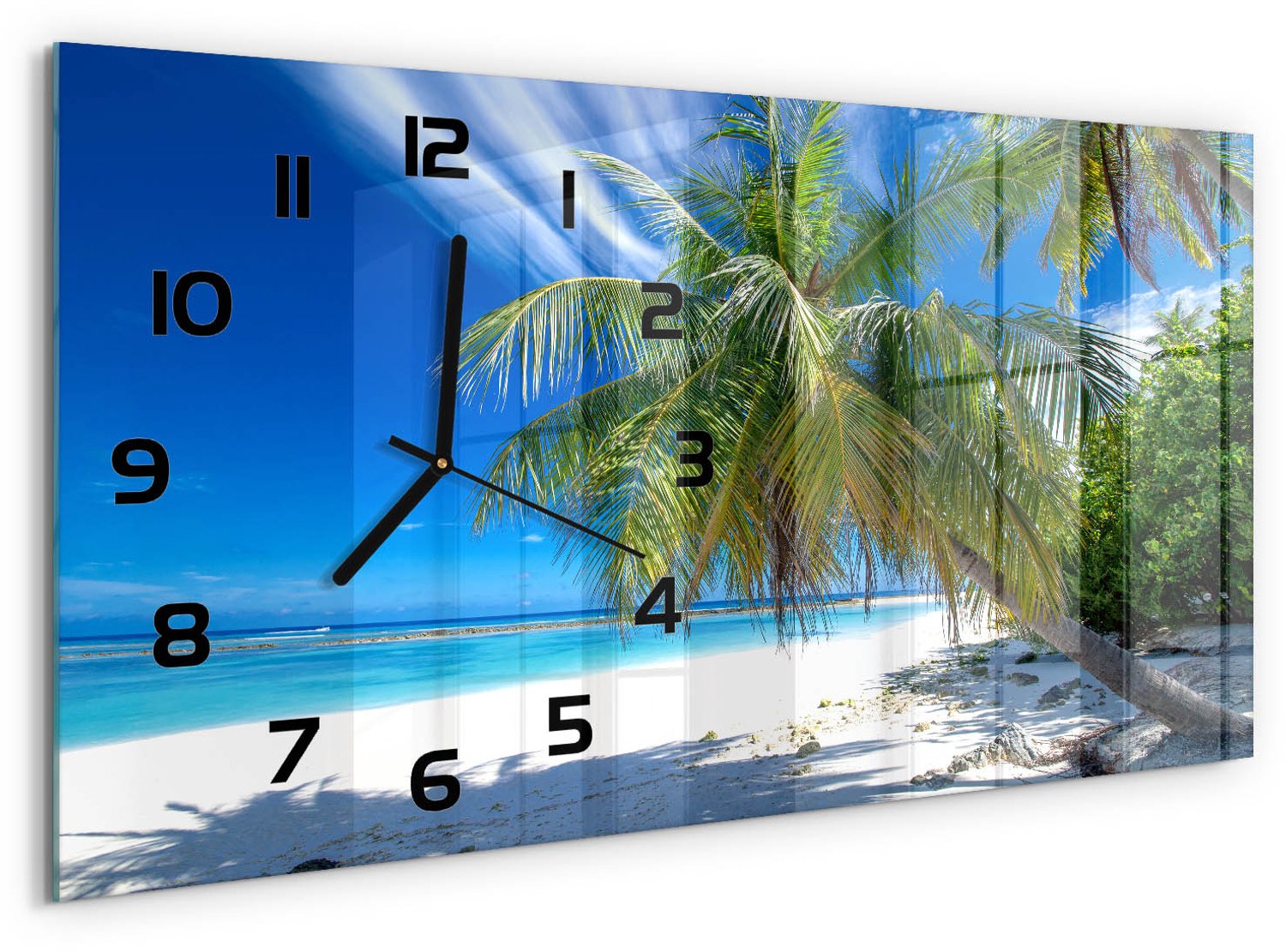 TULUP Wandklok - Tropisch strand Gekleurde Glazen Klok - 60x30 cm - Blauw Glazen Klok Met Print - Zwarte handen - Rechthoekige Klok - Moderne Wandklok Glas - Wandklok Glas Decoratie
