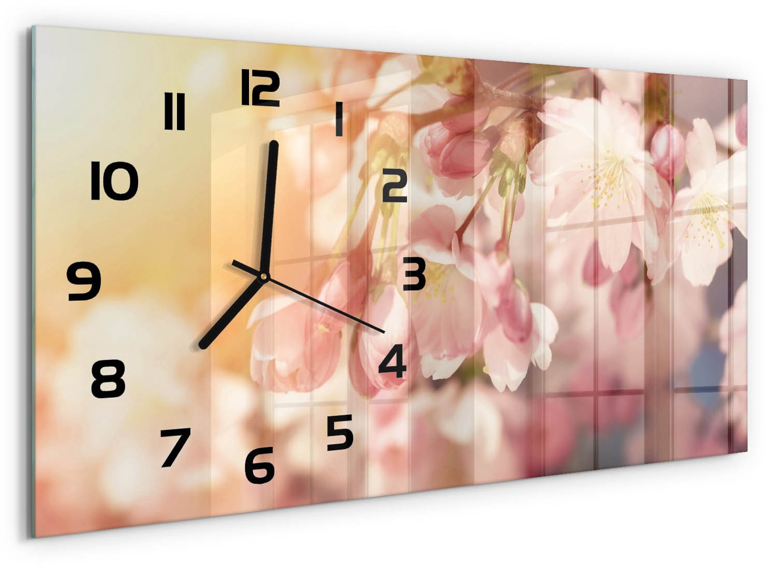 TULUP Wandklok - Kersenbloesem Decoratieve Glazen Klok - 60x30 cm - Roze Glazen Wandklok Design - Zwarte handen - Rechthoekige Klok - Glazen Klok Met Print - Wandklok Glas Met Motief