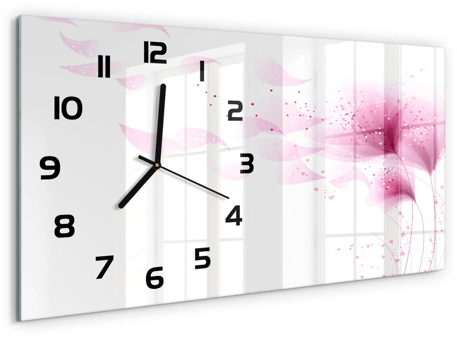 TULUP Wandklok - Roze bloem Moderne Wandklok Glas - 60x30 cm - Roze Wandklok Glas Decoratie - Zwarte handen - Rechthoekige Klok - Glazen Wandklok Design - Klok Glas Met Opdruk