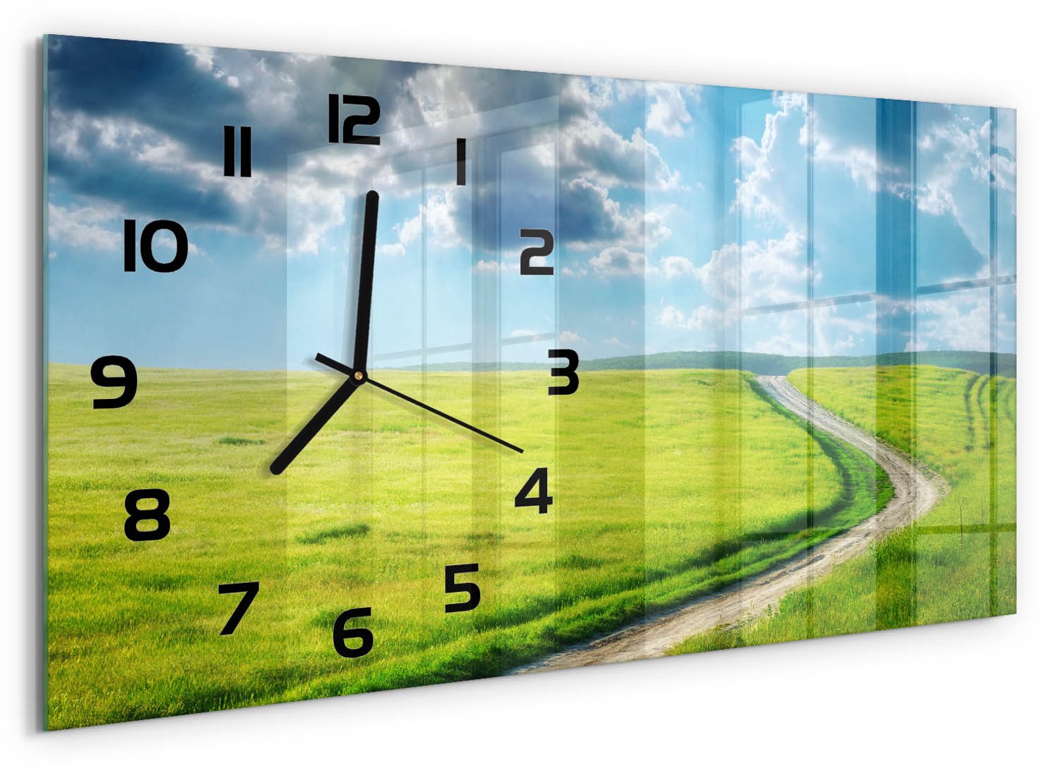 TULUP Wandklok - Pad in de weide Wandklok Glas Met Motief - 60x30 cm - Groente Decoratieve Glazen Klok - Zwarte handen - Rechthoekige Klok - Gekleurde Glazen Klok - Glazen Klok Met Print