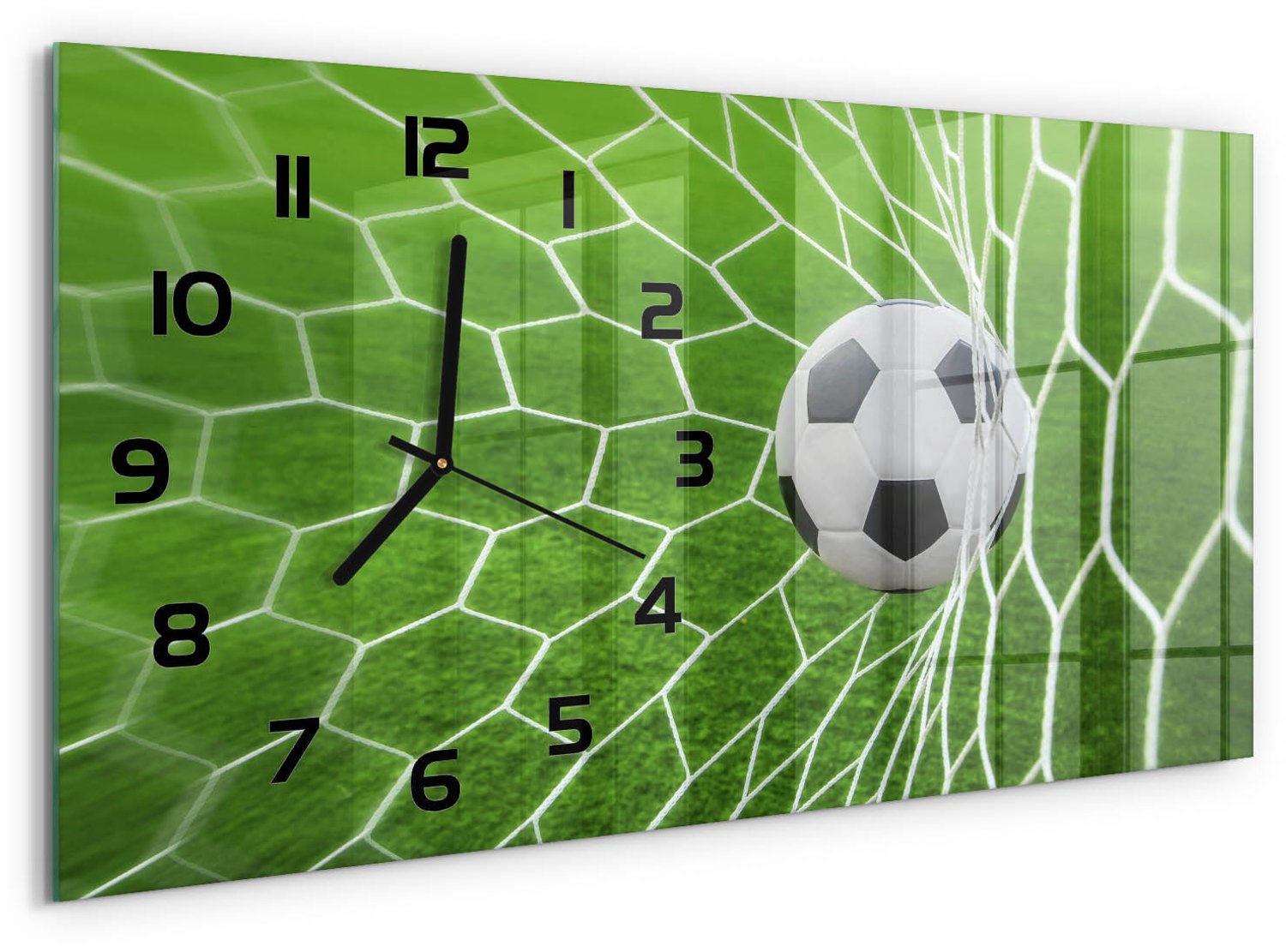 TULUP Wandklok - Bal in het doel Wandklok Glas Decoratie - 60x30 cm - Groente Gekleurde Glazen Klok - Zwarte handen - Rechthoekige Klok - Klok Glas Met Opdruk - Moderne Wandklok Glas